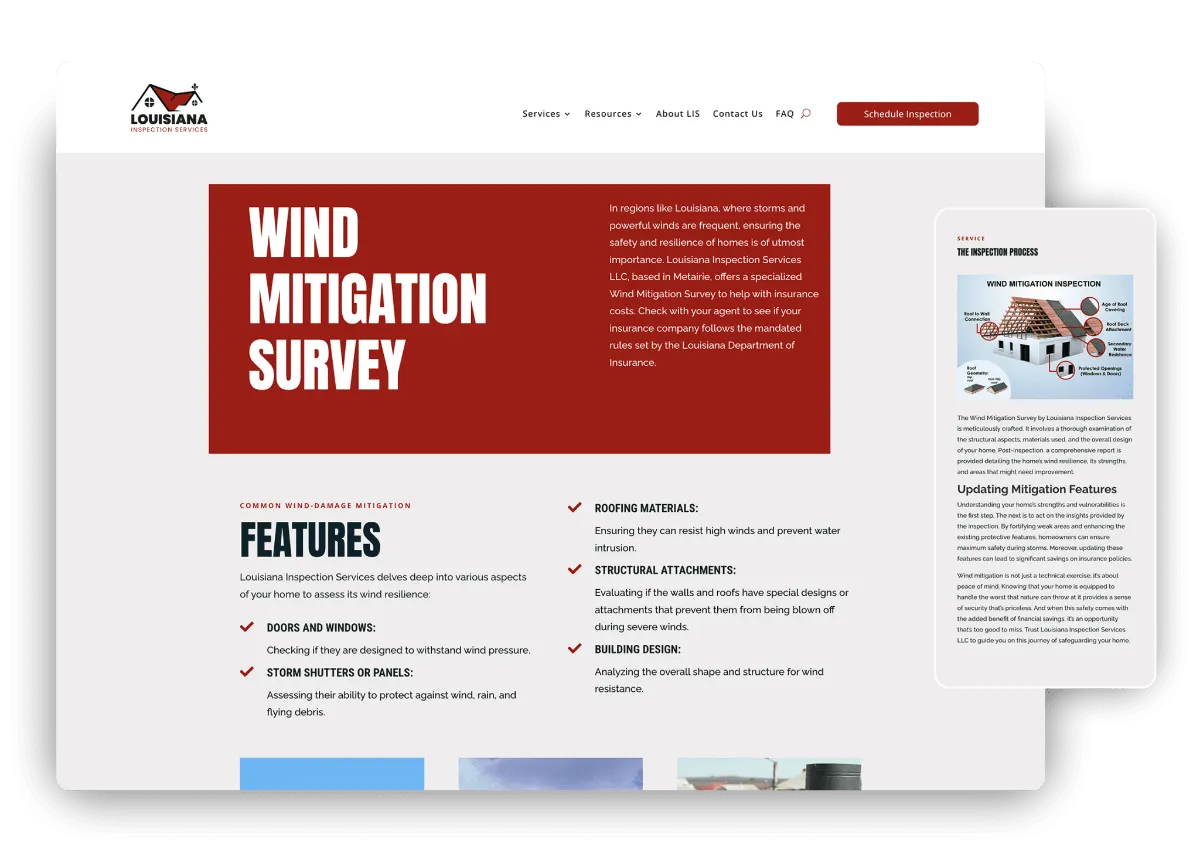 A roofing company website on desktop and phone, the kind of site AI search optimization helps customers find